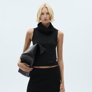 MANGO Top Womens S Black Knit Rib Sleeveless Turtleneck High Collar Fitted Slim